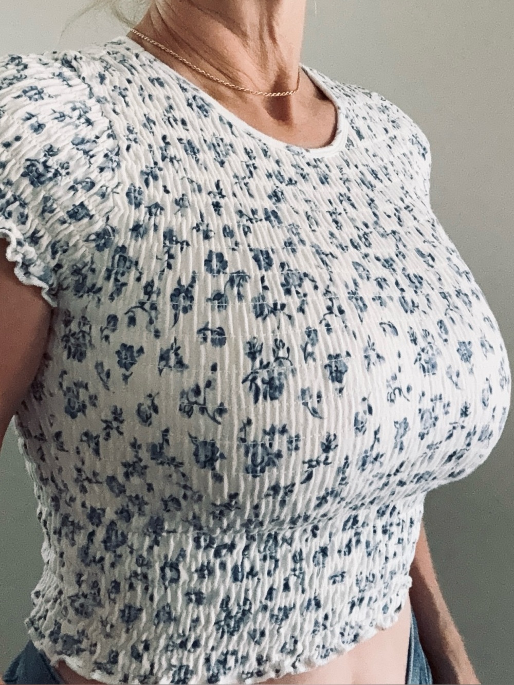Hollister White Tee with Blue Floral Smocking